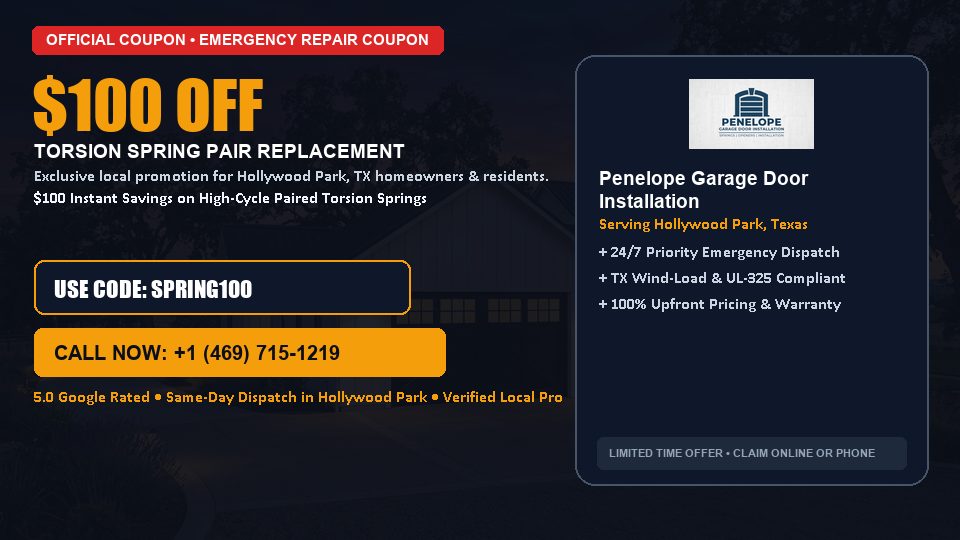$100 OFF Dual High-Cycle Torsion Spring Replacement in Hollywood Park, TX - Penelope Garage Door Installation