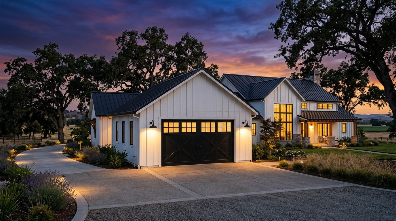 Penelope Garage Door Installation Exterior Closed Garage Door at Twilight