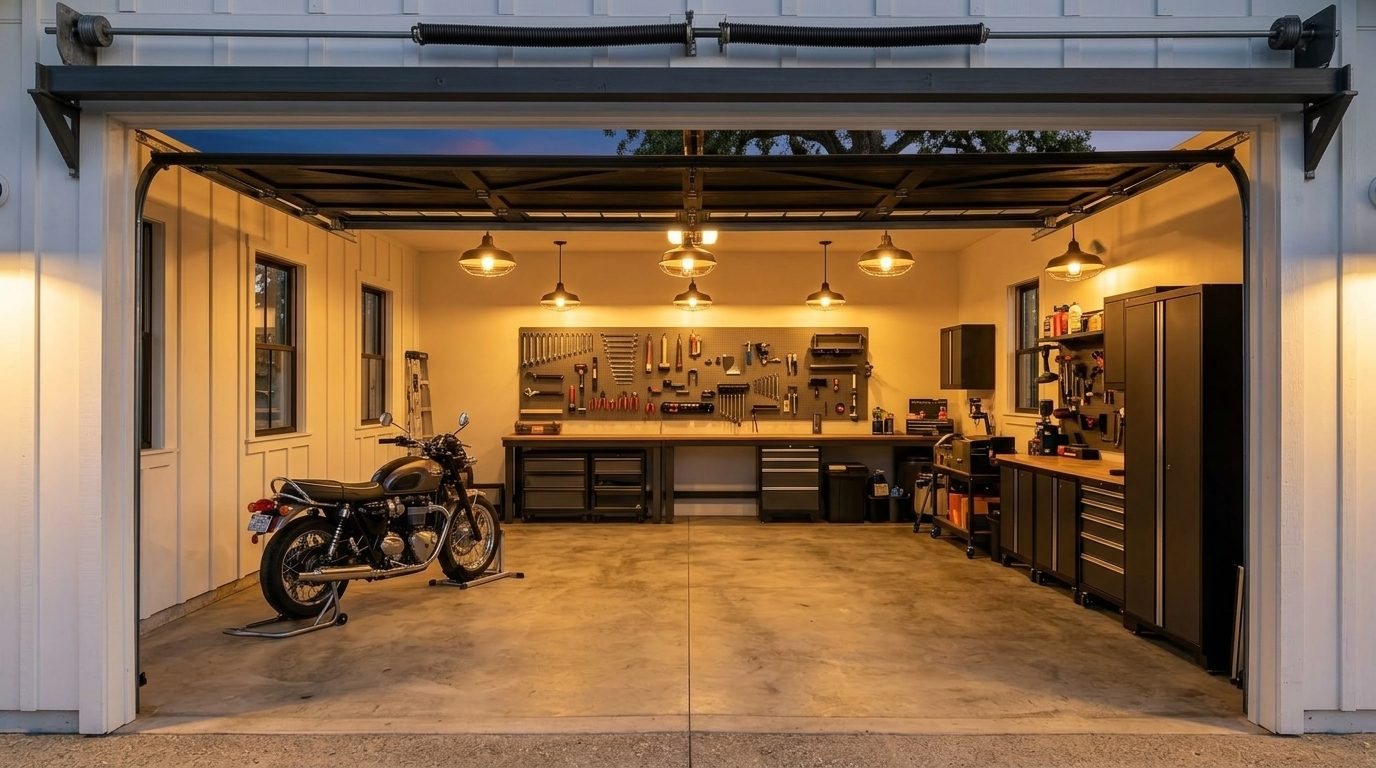 Penelope Garage Door Installation Interior View of Custom Garage Door Overhead and Workshop